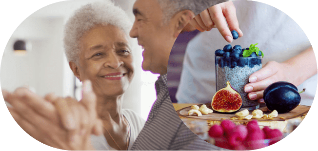 elderly woman and man smiling and dancing